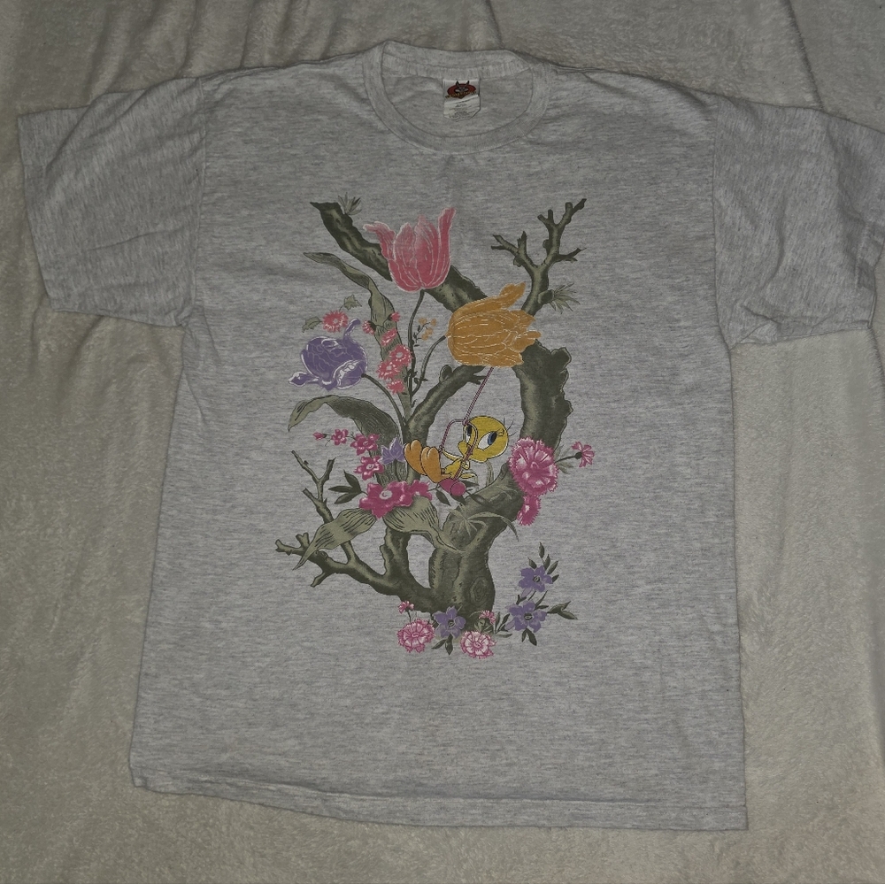 Vintage Looney Tunes Warner Brothers Tweety Floral Grey Tshirt Medium